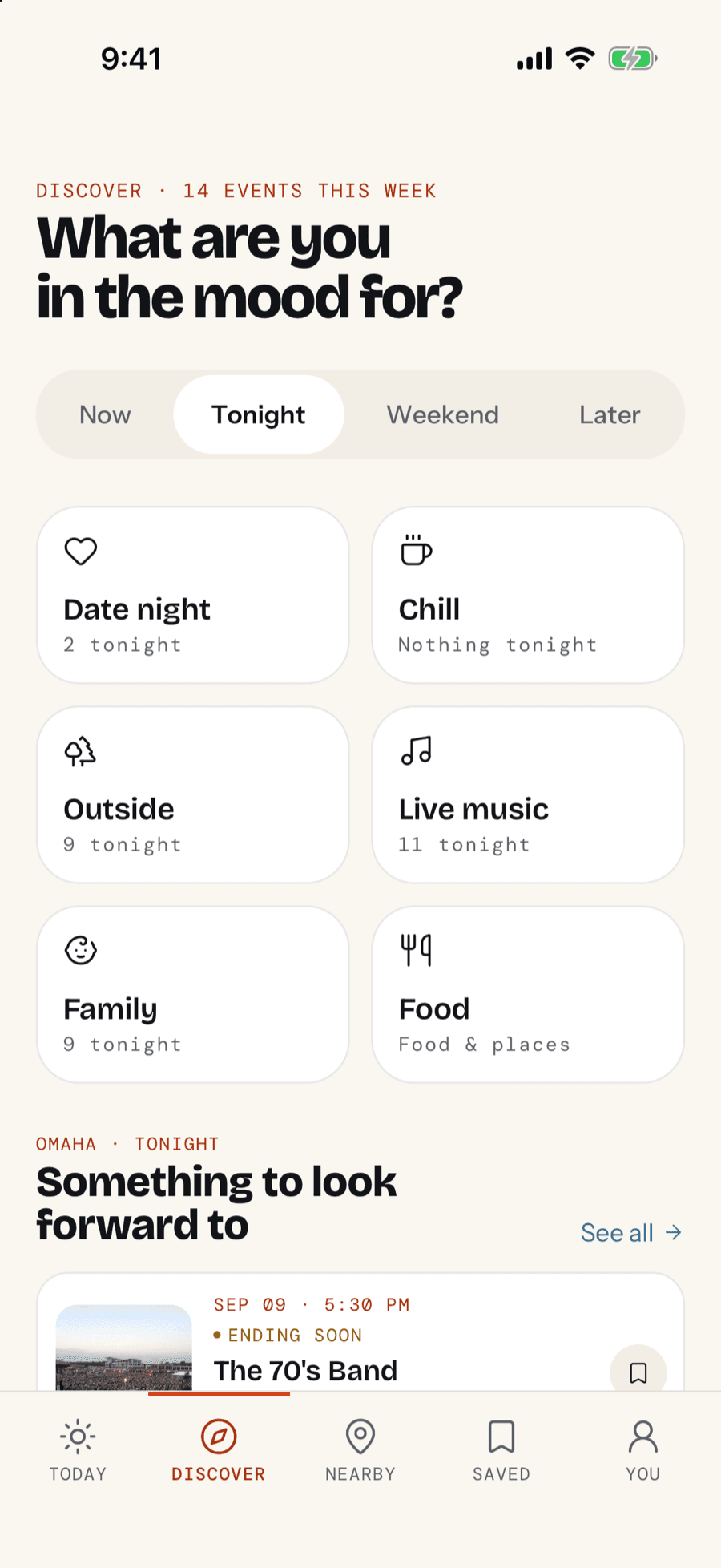 The 402 discover screen, asking what are you in the mood for, with moods like date night, chill, outside, live music, family and food