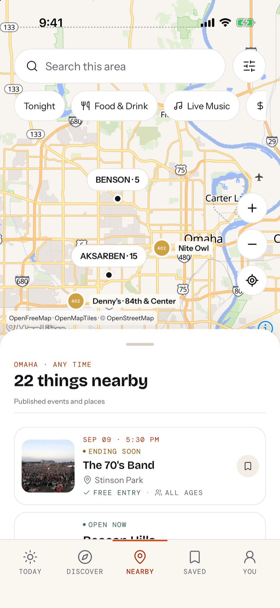 The 402 map of Omaha showing 22 things nearby, with pins in Benson and Aksarben